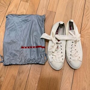 Authentic Prada Patent Leather White Women’s Sneakers with Dust Bag Size 38.5